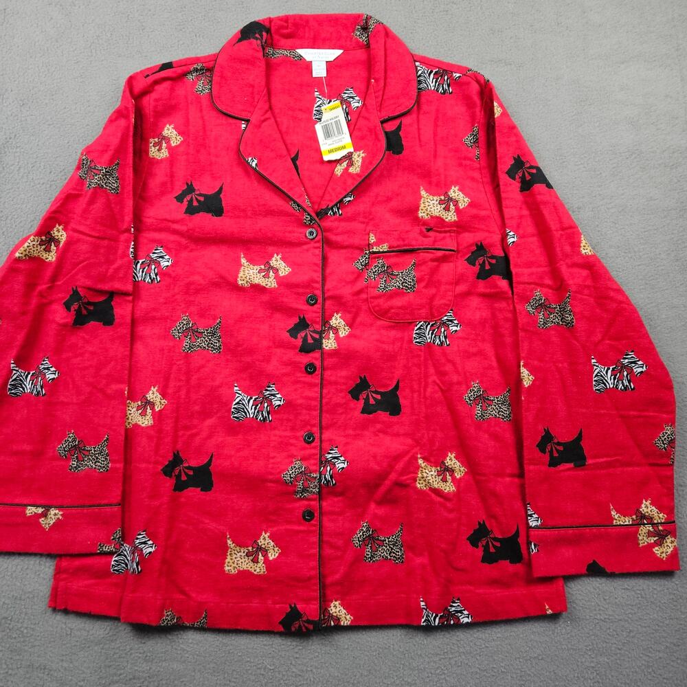Scottish Terrier Print Pajama Shirt Charter Club Fleece Womens M Red Long Sleeve